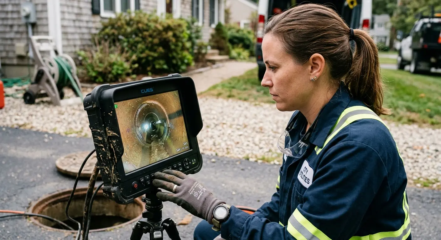 Technician reviewing sewer camera inspection footage in Clarkston