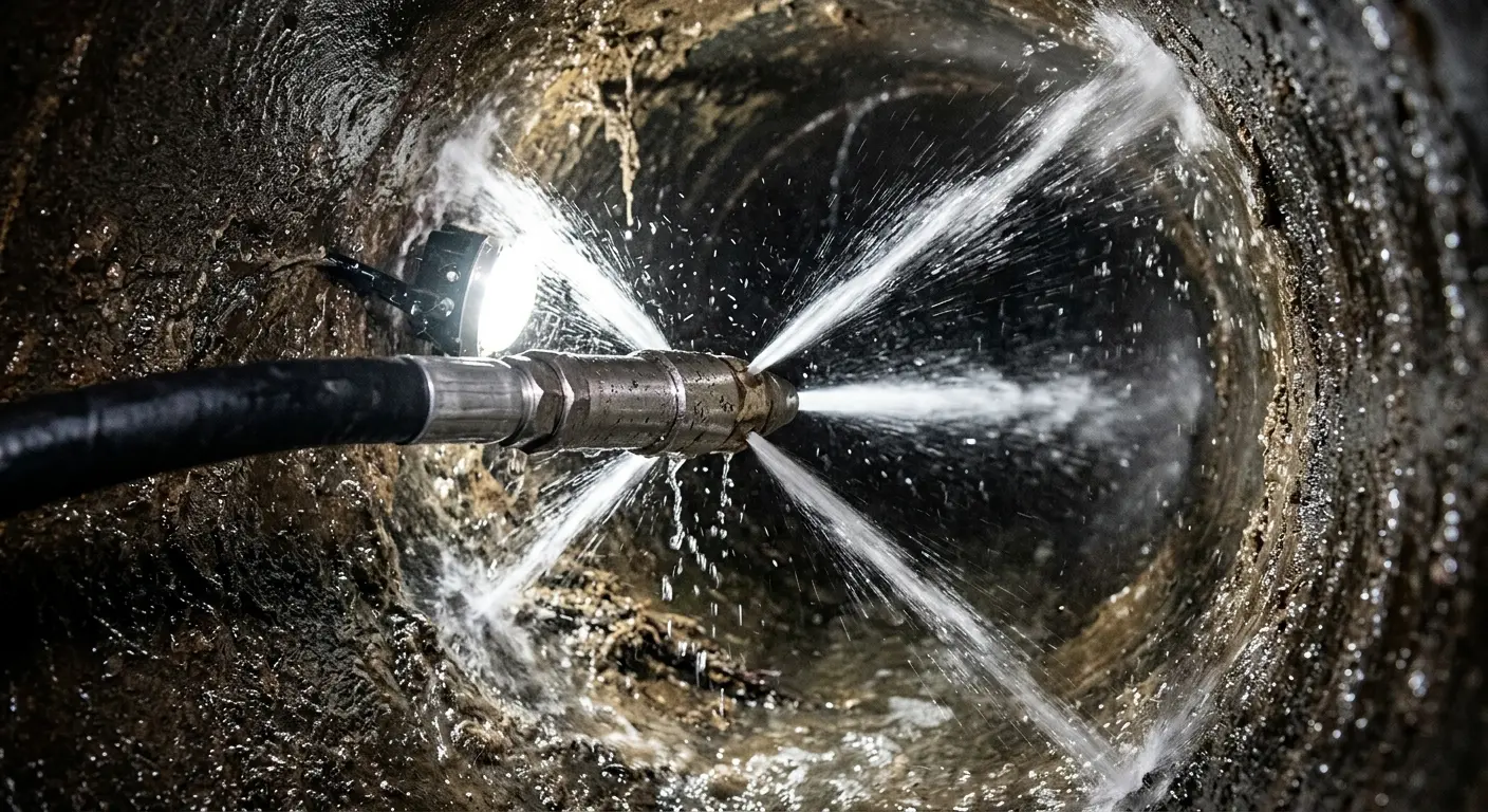 High-pressure hydro jetting nozzle cleaning sewer pipe for Emergency Drain Service in Clarkston