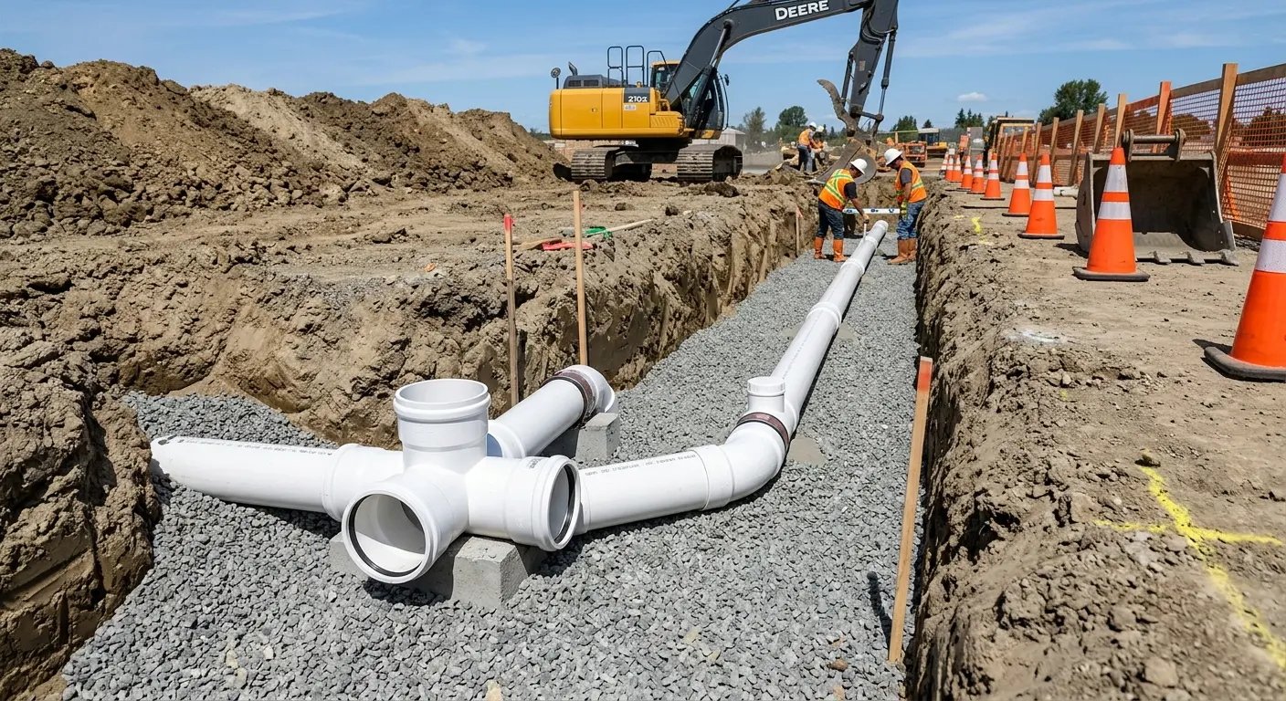 New PVC sewer pipe installation in open trench for Sewer Backup in Clarkston