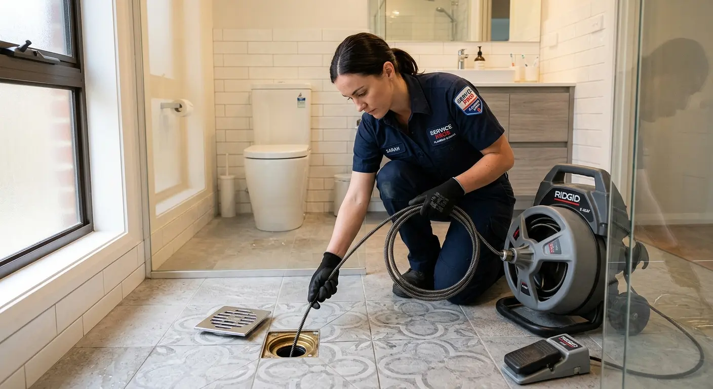 Technician clearing a bathroom floor drain for Drain Repair in Clarkston